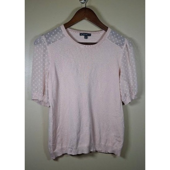 Adrianna Papell Sweaters - Adrianna Papell Pink Polka Dot Mesh Sleeve Knit Sweater Top Medium